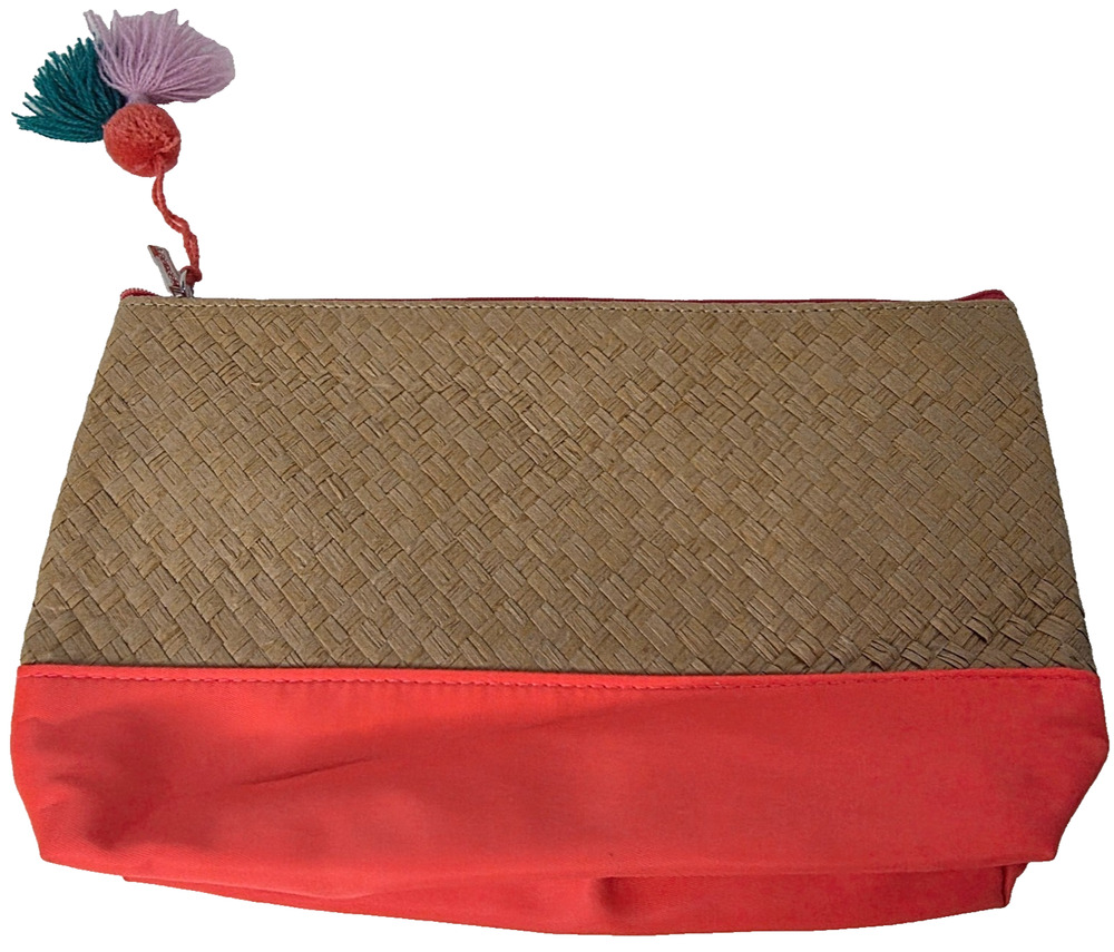 Sephora Woven Straw Coral Cosmetic Makeup Bag Tassel Zipper Pouch 11x7
